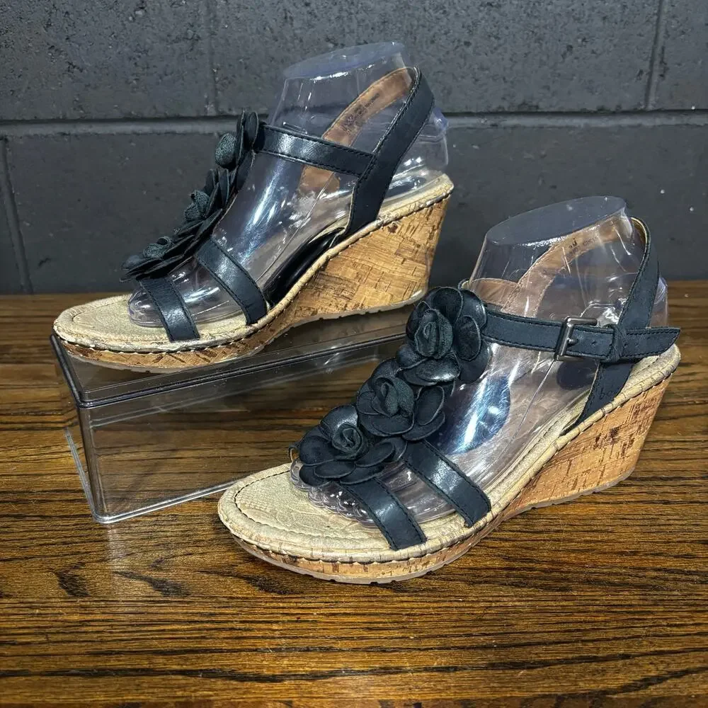 B.O.C. Born Concept Black Leather Floral Cork Wedge Sandals Women’s 9